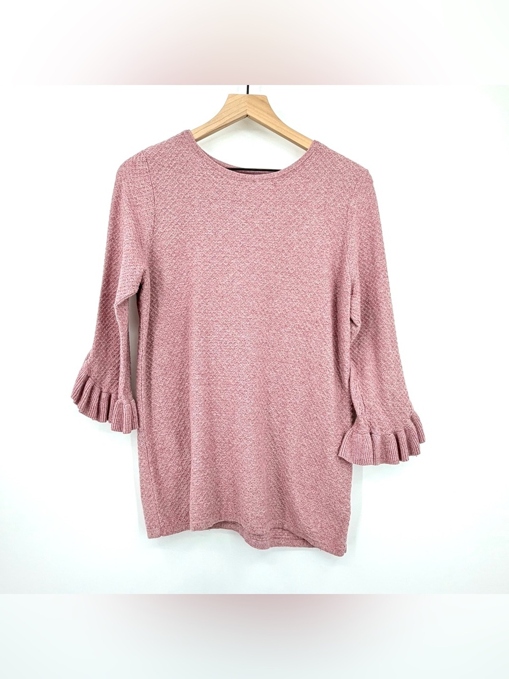 ELLE Pink Ruffle Bell Sleeve Textured Knit Sweater Women’s M